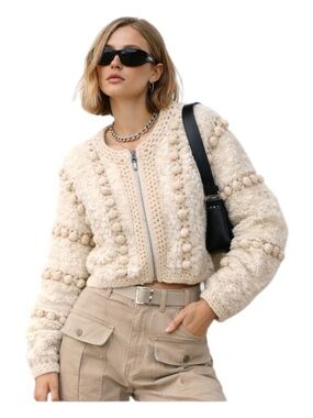 FRAME Pom Pom Zip Cardigan Size Small Cream Wool Blend